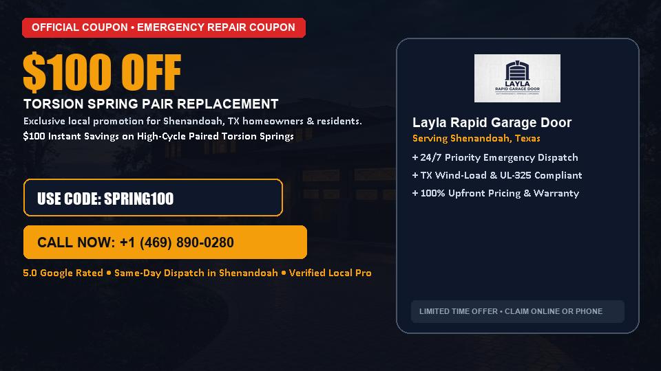 $100 OFF Dual High-Cycle Torsion Spring Replacement in Shenandoah, TX - Layla Rapid Garage Door