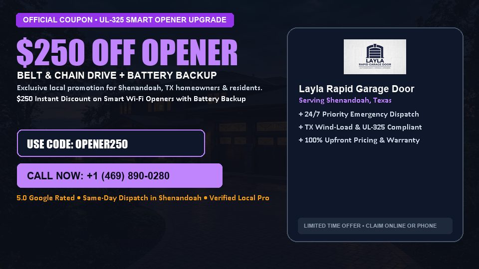 $250 OFF Smart Wi-Fi Garage Door Opener Installation in Shenandoah, TX - Layla Rapid Garage Door